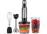 Happyment Set Di Frullatori A Mano 4 In 1 - Frullatore A Mano Da 1200 W Con Tritatutto, Frusta E Caraffa Graduata - 6 Velocità - Acciaio Inox