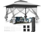 Gazebo Da Giardino - Gazebo Pieghevole Pop Up - 3,3×3,3 M - Impermeabile Inpoliuretanooxford - Struttura In Acciaio - 4 Lati Con Zanzariera - Doppio Tetto - Altezza Regolabile - Grigio Chiaro
