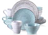 Set Da Portata Azure Grandiose - 16 Pezzi - 4 Persone - Bianco/Blu - Ceramica - Piatto Da Pranzo E Piatto Da Colazione