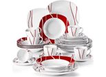 Servizi Per La Cena - 6 Persone - 30 Pezzi - Ceramica Rossa E Bianca - Piatti Per La Cena E Piatti Per La Colazione