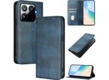 Custodia Per Telefono Cellulare Per Xiaomi 15T Pro, Vintage Leather Rfid Protection Card Holder Stand Function Magnetic Flip Case Blue