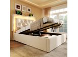 Letto Imbottito Flieks 90X200Cm Con Usb E Type C, Letto Idraulico Con Contenitore, Letto Singolo Per Giovani Con Led, Letto Contenitore In Velluto, Beige