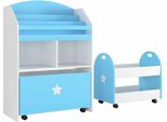 Bolt Edge, Set Per Giocattoli E Libreria - Bianco/Blu - Scaffale Per Bambini - Mdf - 2 Pezzi - Libreria E Carrello Per Giocattoli