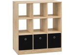 Libreria - Scaffale A Cubo Con 9 Scomparti - Tre Scatole In Tessuto - Tre Livelli - Dimensioni 80 X 86,5 X 30 Cm - Portata 50 Kg - Rivestimento Melaminico E1 - Rovere Chiaro