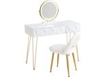 Set Tavolino Da Toilette - Tavolino Da Toilette - Specchio Girevole A 360° - Led Con 3 Colori Di Luce - 3 Cassetti - Sedia In Velluto - 100×123×40 Cm - E1 Mdf + Metallo