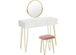 Set Tavolino Da Toilette - Tavolino Da Toilette Con Specchio E Sgabello - 3 Cassetti - Specchio Girevole - Sgabello In Velluto - 100X40X79 Cm - Mdf + Legno Massiccio - Bianco