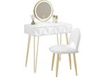 Tavolino Da Toilette - Tavolo Cosmetico - Led Con 3 Colori Di Luce - 2 Cassetti - Specchio Girevole A 360° - Sedia In Velluto - 80 X 123 X 40 Cm - Bianco