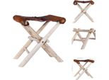 Vidaxl Sgabello Pieghevole In Vera Pelle E Legno Massiccio Teak - Sedie E Sgabelli Pieghevoli