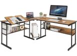 Costway Scrivania A L, Scrivania Angolare In Legno Con Piano Inclinabile, Libreria Inferiore E Supporto Per Cpu, Scrivania Da Disegno Per Ufficio, 170 X 150 X 75 Cm (Noce)