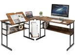 Costway Scrivania A L, Scrivania Angolare In Legno Con Piano Inclinabile, Libreria Inferiore E Supporto Per Cpu, Scrivania Da Disegno Per Ufficio, 170 X 150 X 75 Cm (Marrone)