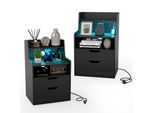 Costway 2Er Comodino Comodino Con Led, Stazione Di Ricarica, 2 Cassetti, Scomparti Aperti E Telecomando, Comodino Per Divano 45X35X72,5 Cm Nero