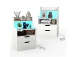 Costway 2Er Comodini Tavolino Con Led, Stazione Di Ricarica, 2 Cassetti, Scomparti Aperti E Telecomando, Comodino Per Divano 45X35X72,5 Cm Bianco