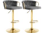 Set Di 2 Sgabelli - Sgabello Da Bar - Regolabile In Altezza - Girevole A 360° - Schienale Intrecciato - Seduta In Velluto - Poggiapiedi In Metallo - Grigio Scuro