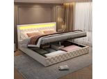 Letto Imbottito 180 X 200 Cm Letto Funzionale Con Rete A Doghe E Contenitore, Illuminazione A Led, Con Funzione Di Contenitore, Bianco,Pu