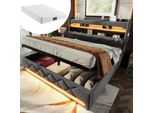 Letto Imbottito Matrimoniale 140 X 200, Testata Contenitore Con Porta Usb E Tipo C ,Letti Led Con Contenitore Idraulico, Grigio ,Con Materasso