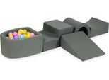 Parco Giochi In Schiuma Con Ponte E Piscina, Grigio Micro + 100 Palline: Azzurro, Giallo, Erica, Rosa Cipria, Bianco