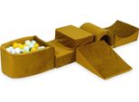 Parco Giochi In Schiuma Con Ponte E Piscina Micro Velvet Gold + 100 Palline: Giallo, Menta Chiaro, Grafite Metallizzato, Bianco