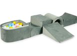 Parco Giochi In Schiuma Con Ponte E Piscina Micro Velvet Grigio + 100 Palline: Menta Chiaro, Rosa Chiaro, Azzurro, Madreperla, Giallo