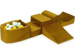 Parco Giochi In Schiuma Con Collina E Piscina, Micro Velvet Gold + 100 Palline: Giallo, Menta Chiaro, Grafite Metallizzata, Bianco