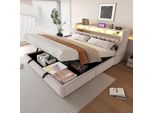 Letto Imbottito Idraulico Flieks 180X200Cm Con Funzione Di Carico, Letto Giovanile Letto Matrimoniale Con Led, Letto Contenitore Letto In Legno Con Testata Contenitore, Velluto, Beige
