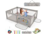 Costway Box Per Bambini, Cancelletto Per Bambini Con Tappetino, Tasca Laterale E 50 Palline, 206×147×68,5 Cm Grigio Chiaro