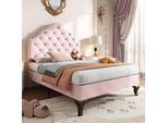 Letto Imbottito Merax 90X200Cm Con Testata Regolabile In Altezza E Rete A Doghe, Letto Singolo Per Ragazzi In Velluto E Legno Massiccio, Rosa