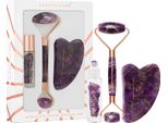 Set Di Bellezza Crystallove Amethyst: Rullo Viso + Piastra Gua Sha + Flacone Roll-On