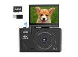Zelurxx Fotocamera Digitale 4K Con 64MP E Zoom 18X, Autofocus, Wlan, Fotocamera Per Vlogging Con Schermo Ribaltabile Per Principianti