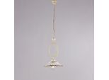 Bistrot Lampadario In Ferro Laccato Avorio E Decoraz. Effetto Decapè Con Diffusore In Ceramica D. 30 Bianco E Marrone 1 Luce 105 Ø30
