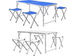 Tavolo Pieghevole Da Campeggio 5 Pezzi - Pieghevole - Tavolo Da Campeggio Per Giardino E Campeggio - Pieghevole Con 4 Sgabelli - Alluminio 120Cm - Blu