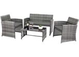 Set Di Mobili Da Giardino In Rattan - 4 Pezzi - Panca A 3 Posti, Sedie Singole E Tavolo In Vetro - Con Cuscini Da 5 Cm - Per Balcone, Terrazza E Giardino - Grigio