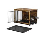 Box Per Cani In Legno - Recinto Per Cani - Tavolino Per Gabbia Per Cani Con Ciotole E Vassoio Rimovibili - Cuccia A Doppia Porta Per Cani Di Taglia Media All'interno - 112X73X78Cm - Marrone