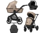 Carrozzina Kunert Brav 3In1 In Ecopelle Marrone Con Telaio Nero, Ruote In Gel E Seggiolino Auto Cosmo