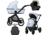 Carrozzina Kunert Brav 3In1 In Ecopelle Blu Con Telaio Nero, Ruote In Gel E Seggiolino Auto Cosmo