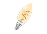 Osram Vintage 1906 Classic è Una Lampada Led Dimmerabile Di Colore Bianco Caldo A Forma Di Mini-Candela Con Filamento A Spirale. Offre 3,5 W, 300 Lm, Attacco E14, Vetro Color Oro, Diametro 35 Mm, 2200 K.