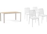 Set Da Pranzo Con Tavolo Rettangolare 150×90 Cm In Alluminio E Sedie In Resina Rinforzata Con Fibra Di Vetro - Design Moderno, Robusto E Personalizzabile Per Cucina, Sala Da Pranzo, Veranda, Terrazza E Giardino - Milo + Anna - Bianco/Bianco/Legno