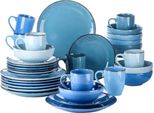 Set Da Portata Vittoria - 32 Pezzi - 8 Persone - Ceramica Blu Mista - Piatti Per La Cena, Piatti Fondi E Piatti Per La Colazione - Elegante E Moderno