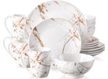 Set Da Portata Santivo - 16 Pezzi - 4 Persone - Bianco Con Strisce Dorate - Piatti Per La Cena, Piatti Fondi E Piatti Per La Colazione - Eleganti Stoviglie In Ceramica