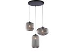Glamour Sospensione In Ferro Laccato Nero Con Cavi Regolabili E Diffusori In Vetro Soffiato Grigio Specchiato Con Dec. Rigatura In Rilievo 3 Luci