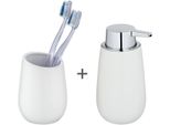 Badaccessoire-Set WENKO Badi, weiß, matt, Keramik, Badaccessoires-Sets, bestehend aus Seifenspender und Zahnputzbecher, Keramik