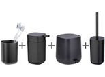Badaccessoire-Set WENKO Davos, schwarz, matt, Kunststoff, Badaccessoires-Sets, Seifenspender, Zahnputzbecher, WC-Garnitur & Kosmetikeimer