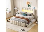 Letto Imbottito Merax 160X200Cm, Con Led, Usb E Impianto Stereo, Letto Matrimoniale Con Testata Regolabile E 4 Cassetti, Letto Per Bambini, Velluto, Beige