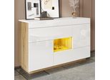 Credenza Merax 120 Cm Con 2 Cassetti E 2 Ante, Vetrina Con Bianco Lucido E Venature Del Legno, Cassettiera Con Illuminazione A Led, Comandabile Tramite App