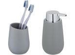 Badaccessoire-Set WENKO Badi, grau, matt, Keramik, Badaccessoires-Sets, bestehend aus Seifenspender und Zahnputzbecher, Keramik