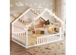 Flieks Letto Casa Per Bambini 140X190Cm Con Led, Letto Da Terra Con Ripiano, Letto Piatto Letto In Legno Letto Matrimoniale Con Protezione Anticaduta Per La Camera Dei Bambini, Bianco