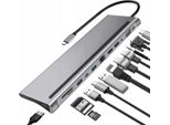 Hub 12 In 1 Type-C A 4K 2X Hdmi / Vga / Ft / Sd / 3X Usb 3.0 / USB-C (Dati) / Audio / Adattatore Pd 87W Per Computer Portatili Macbook/Windows