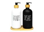 Intirilife Set Di 3 Dispenser Per Sapone In Vetro Nero - Bianco Con Vaschetta In Bambù - Capacità 500 Ml - 17,5 X 8,8 X 20,6 Cm - 2 Dispenser Per Sapone E Detersivo Dispenser Per Sapone A Mano Per Cucina Bagno