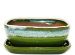 Ciotola Bonsai Con Piattino Misura 3 Verde-Beige Rettangolare Modello Gb5 L 21,5 Cm L 17 Cm H 8 Cm