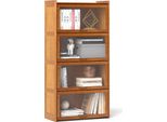 Costway Libreria A 4 Livelli Con Ante, Scaffale In Bambù Alto 140 Cm Con Ante In Acrilico Trasparente, Vetrina Indipendente Marrone