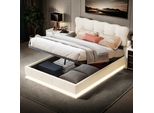 Letto Imbottito Proximax 140X190 Cm Con Alzata A Gas E Illuminazione A Led Sotto Il Letto, In Velluto Beige, Letto Matrimoniale Con Ampio Spazio Di Archiviazione - Design Moderno Ed Elegante Per Camere Da Letto